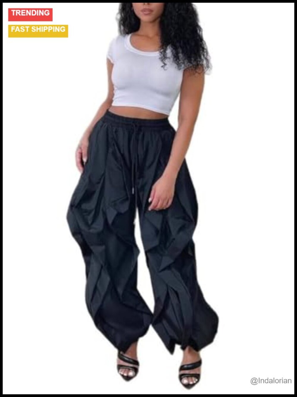 Women's Baggy Cargo Pants Parachute Drawstring Ruffle Wide Leg